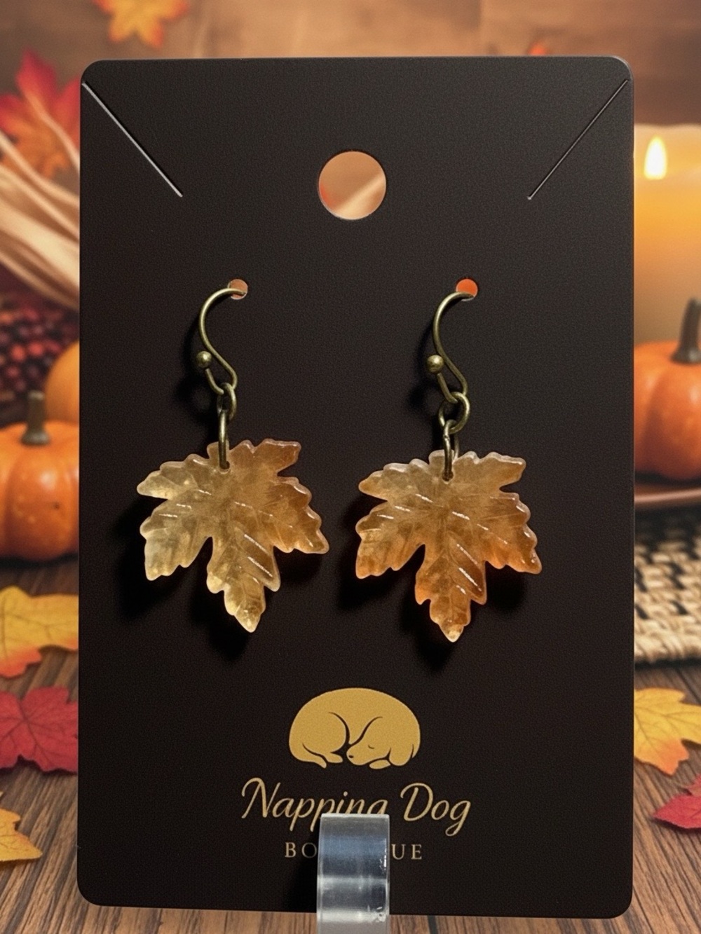 Glass Maple Leaf Dangle Earrings – Golden Amber Fall Earrings